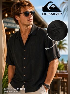 Quiksilver Silver Edition Modal Blend Hawaiian Shirt Black Palm Mens Large
